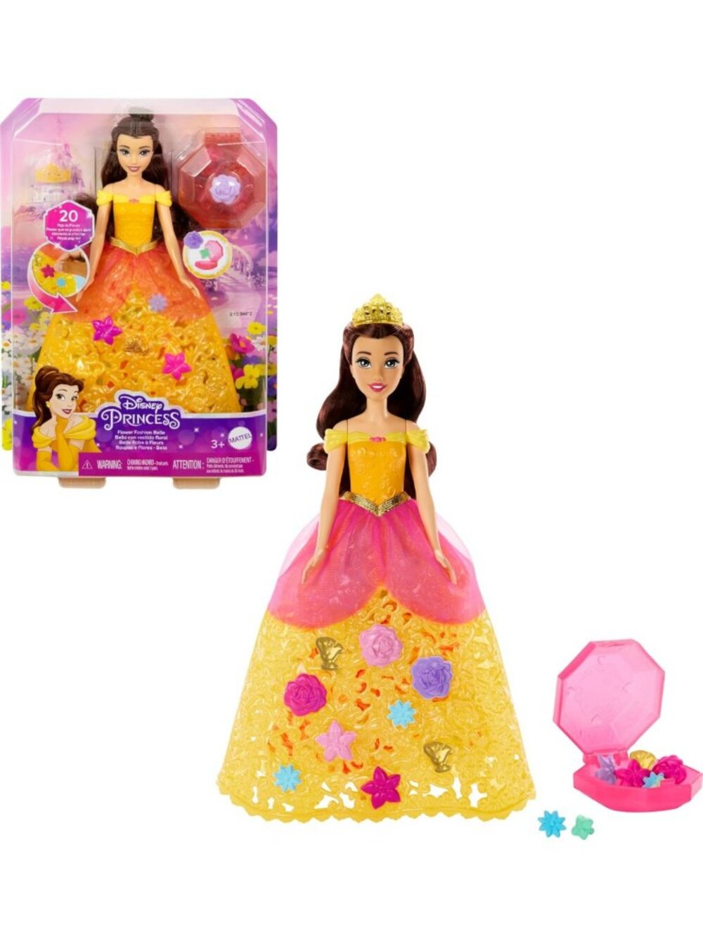 Customizable Disney Princess Belle Doll with 20 Charms, Skirt & Storage Case